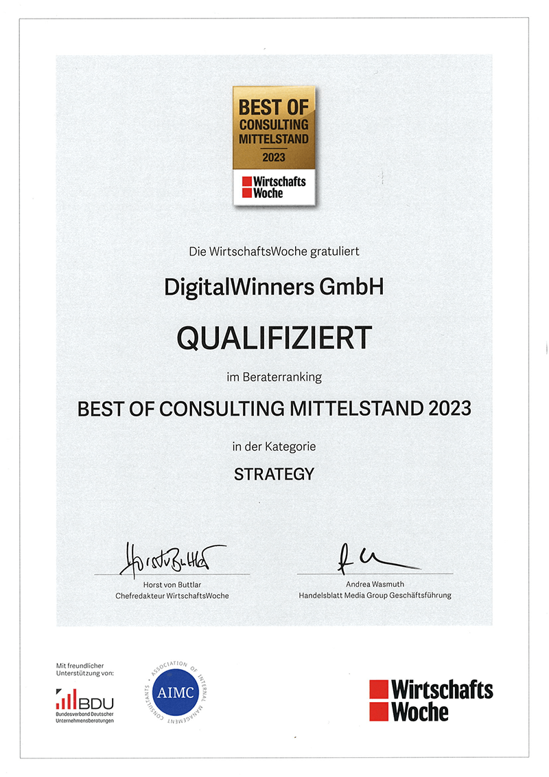 Best of Consulting Mittelstand 2023 — Strategie prämiert, Urkunde DigitalWinners GmbH