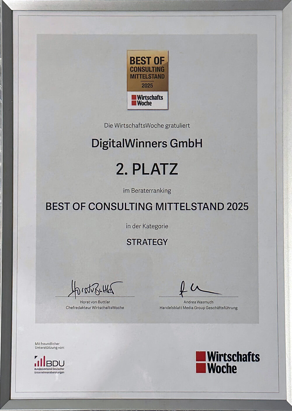 Best of Consulting Mittelstand 2025 — 2. Platz Strategie, Urkunde DigitalWinners GmbH